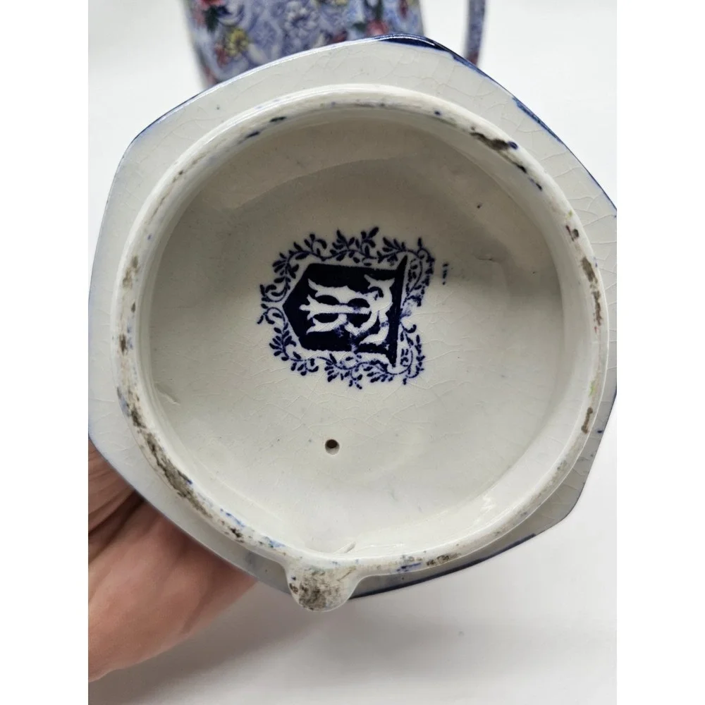 Ringtons Tea Merchants Maling Ware Blue Chinz Hot Water Coffee Pitcher‎ W/ Lid
